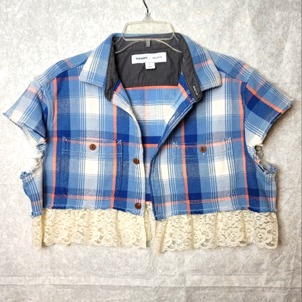 Cropped Lace Trim Flannel Shirt